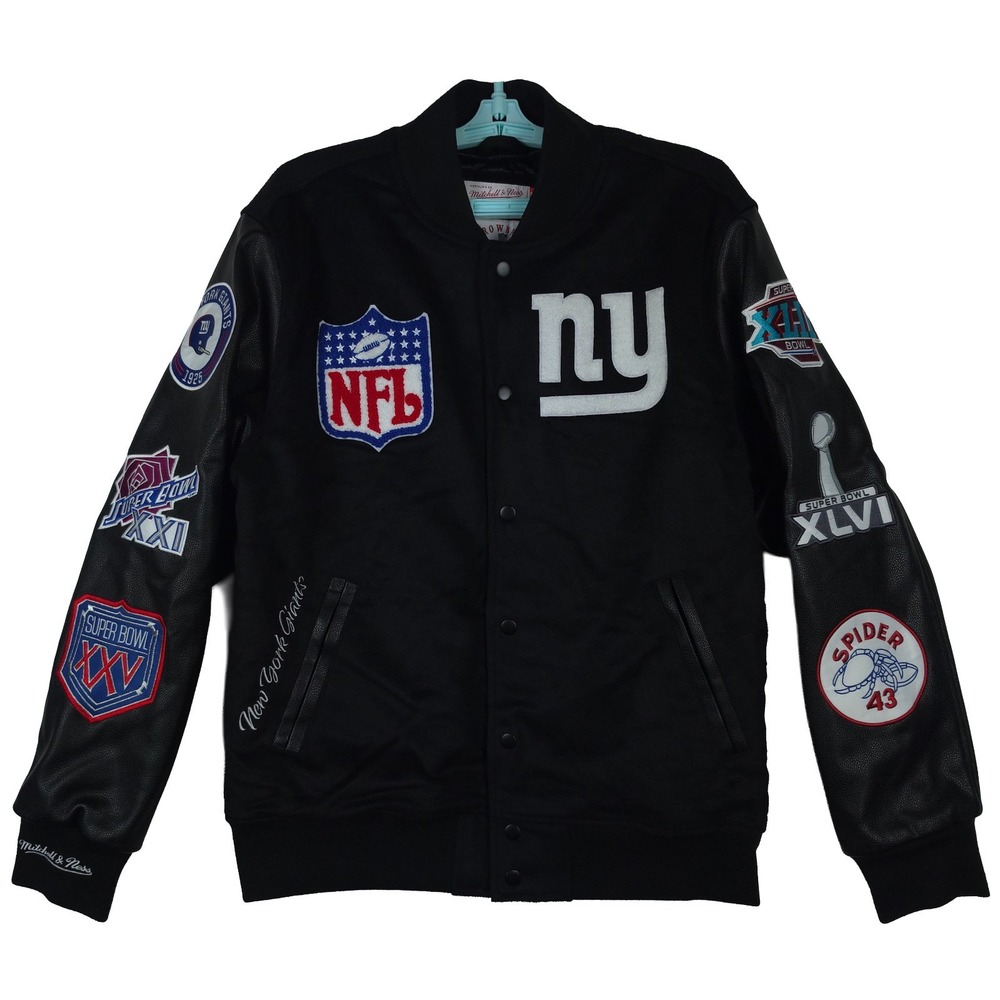 NY Giants Mitchell & Ness NFL Medium Jacket Black Wool Leather Sleeves NWT